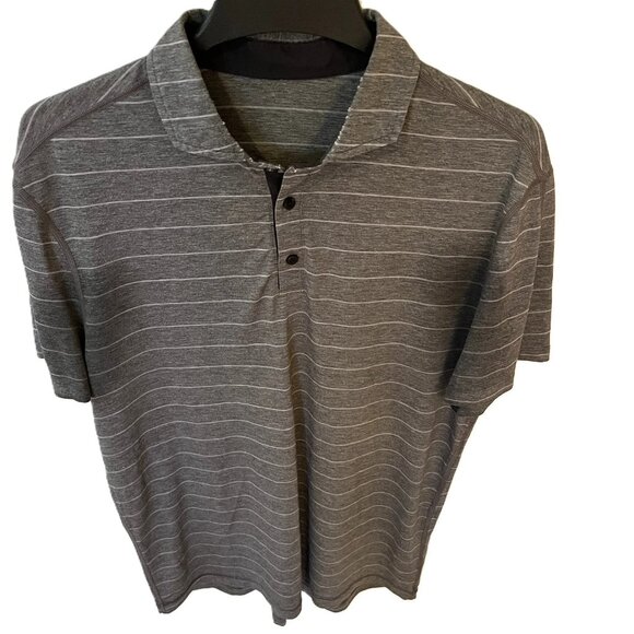 Mens Lululemon Evolution Gray Striped Polo Button Shirt Stretch S/S Athleisure - Picture 1 of 5